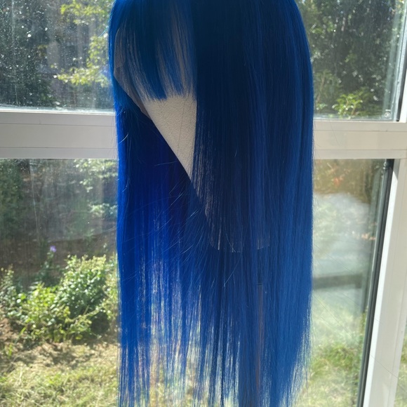 Custom color lace front wig blue straight hair with bang